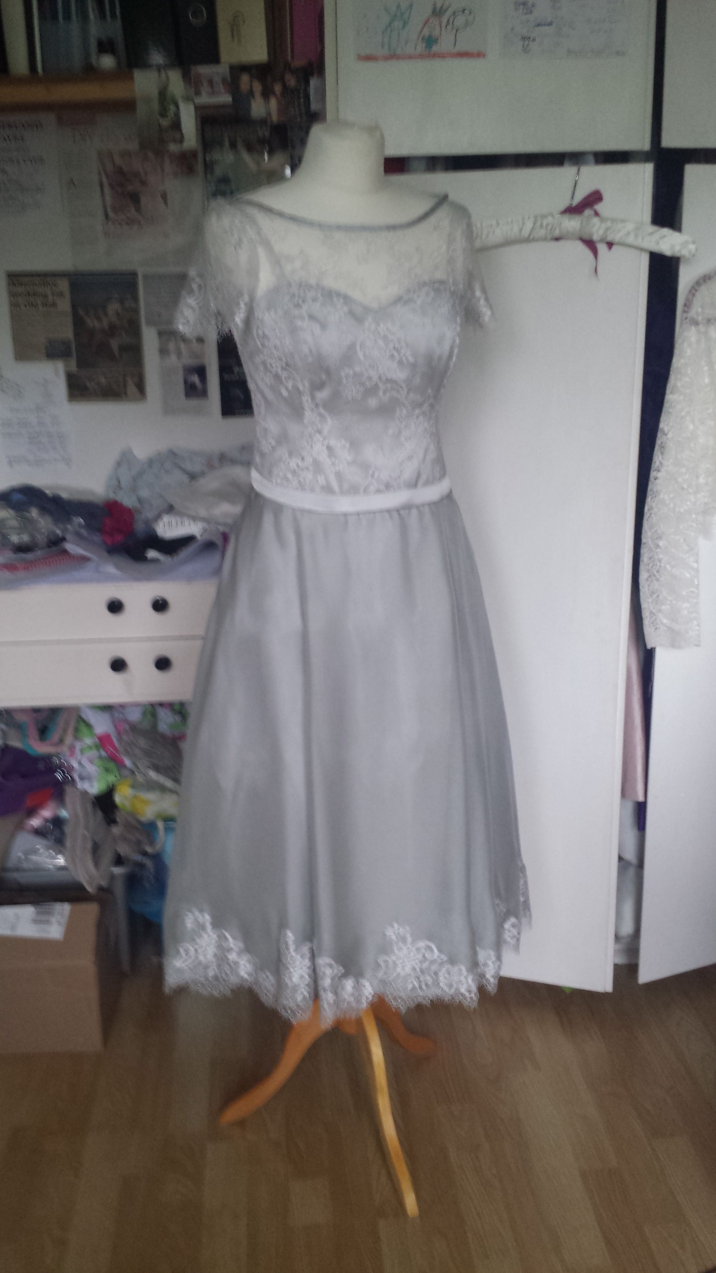 Bespoke silver lace and silk organza wedding dress