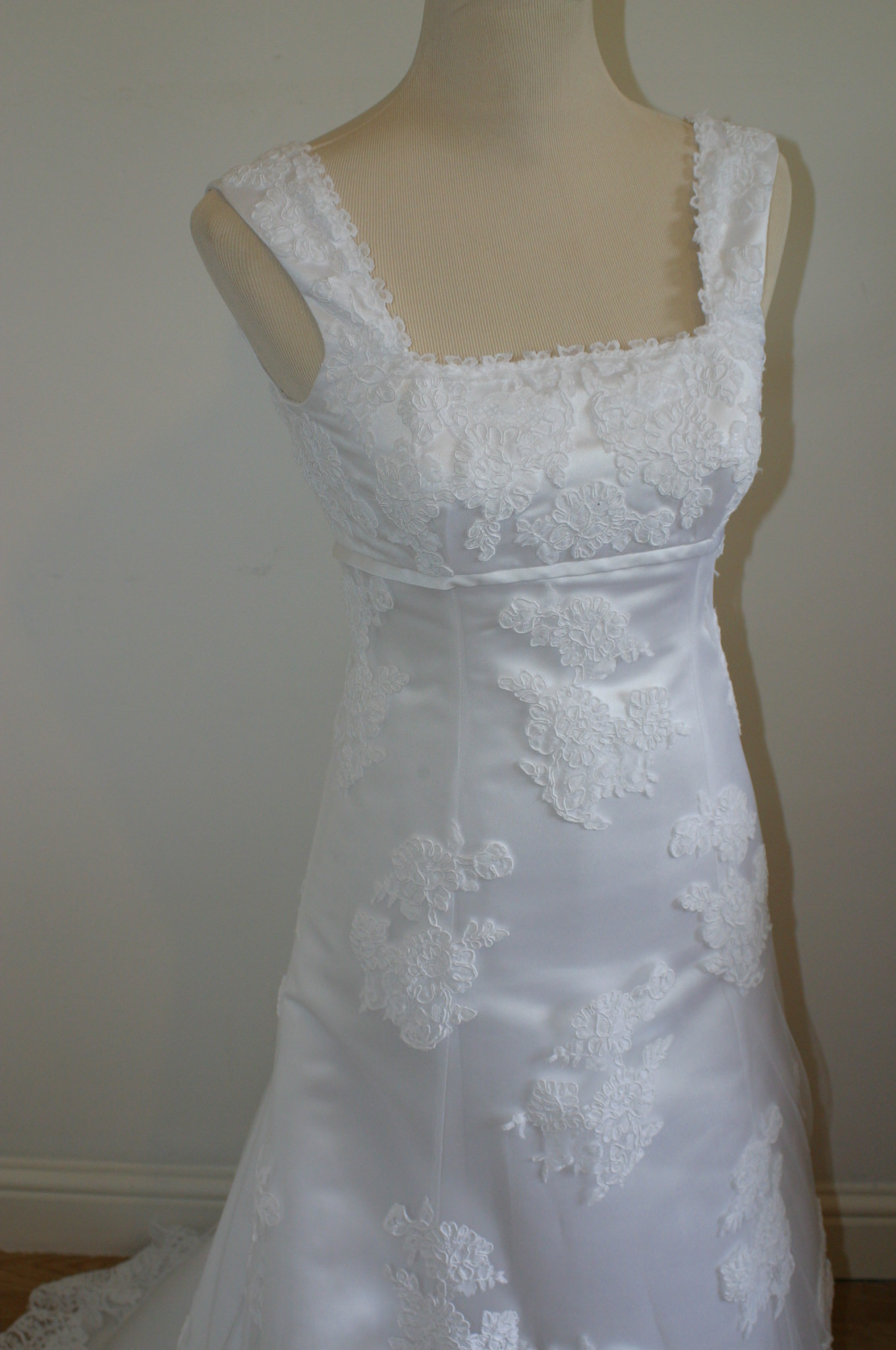 Hand appliqued lace wedding dress