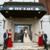 cream lace and tulle wedding gown with red accents