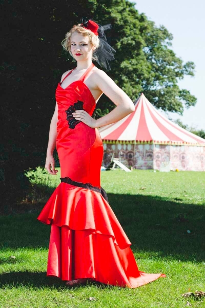Red satin and black lace wedding gown