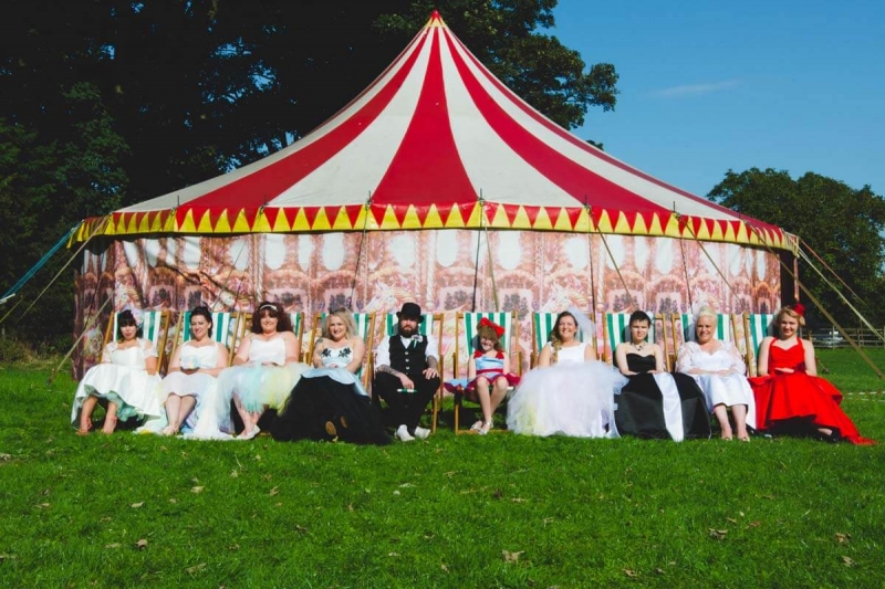 Rainbow circus themed wedding gowns