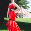 Red satin and black lace wedding gown