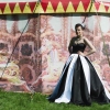 Black and white box pleated wedding dress