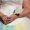 Rainbow tulle skirt with soft pink bustier featuring ivory lace detail